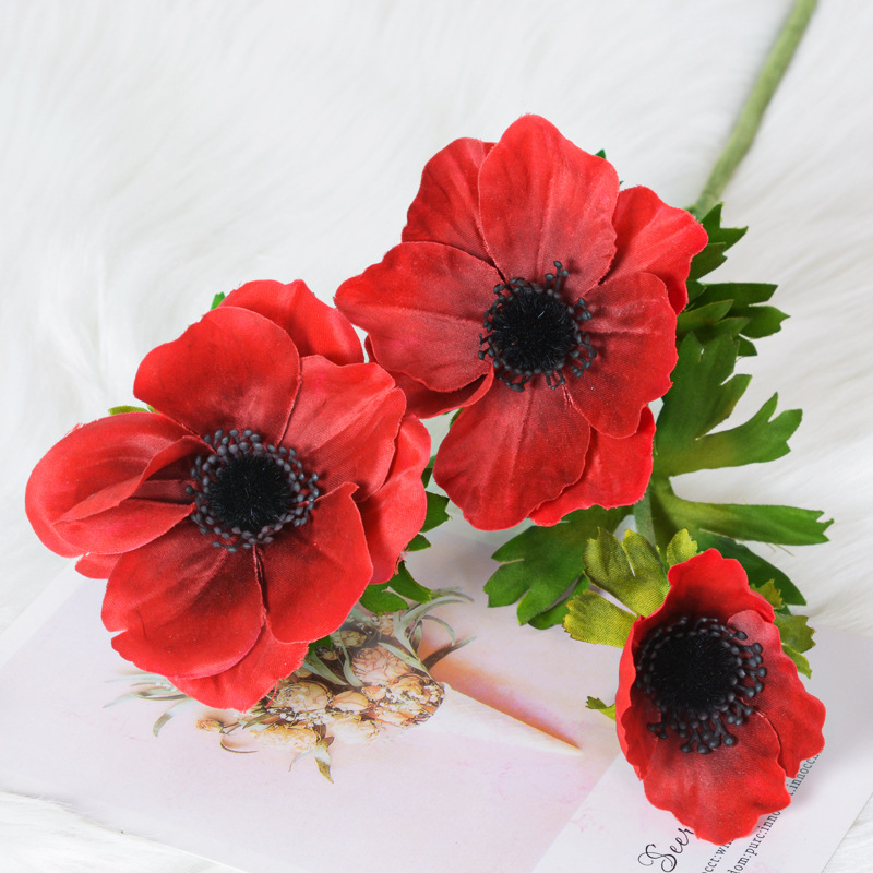 3-head anemone flower, silk flower arrangement for  fake flower Red