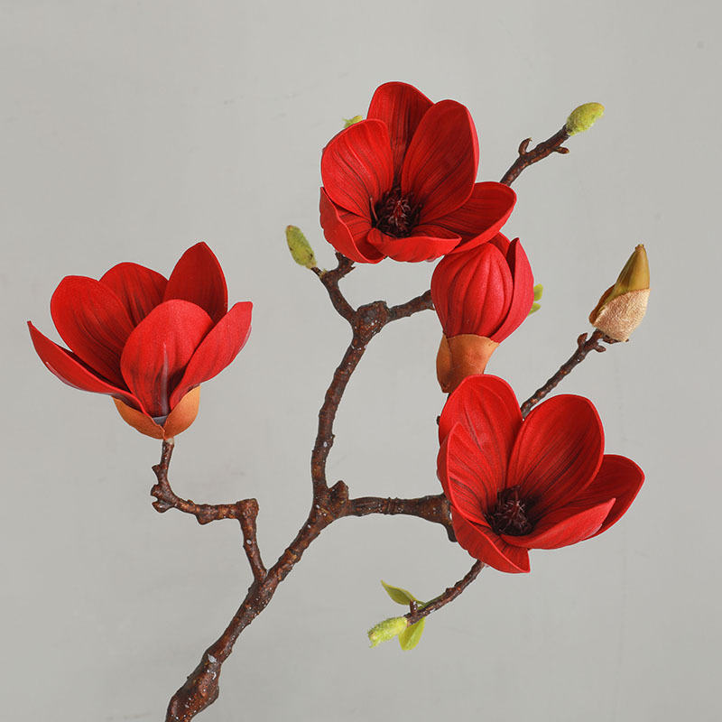 Artificial magnolia fake flowers with buds  4 perfume magnolia flowers Color:Red