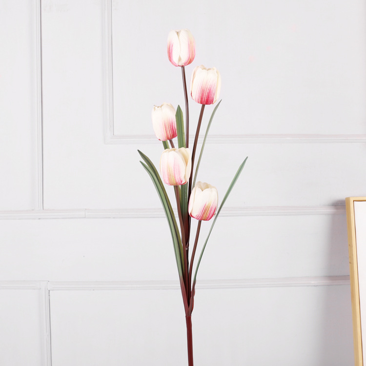 Artificial 5 heads tulips arrangement Color:Pinky White