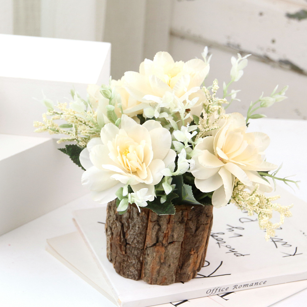 Simulated Dendrobium floral  bonsai set, wooden stump flowerpot Ivory