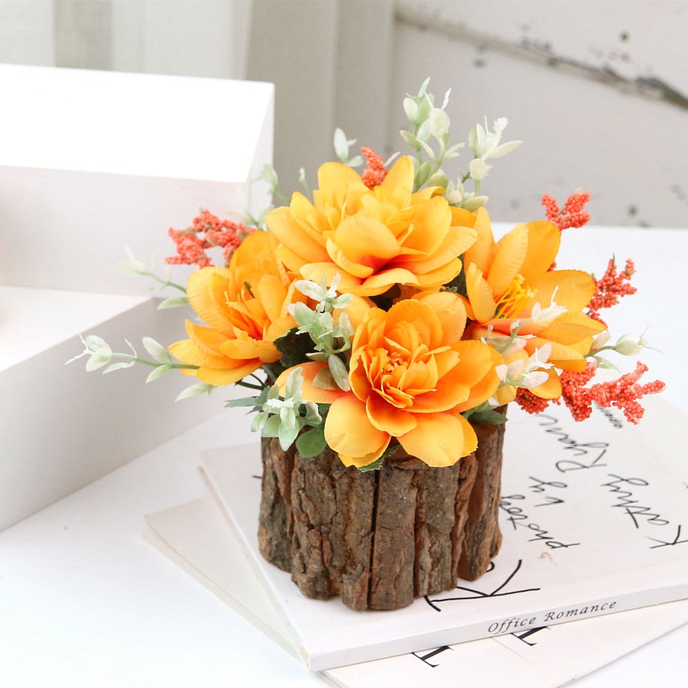 Simulated Dendrobium floral  bonsai set, wooden stump flowerpot Orange