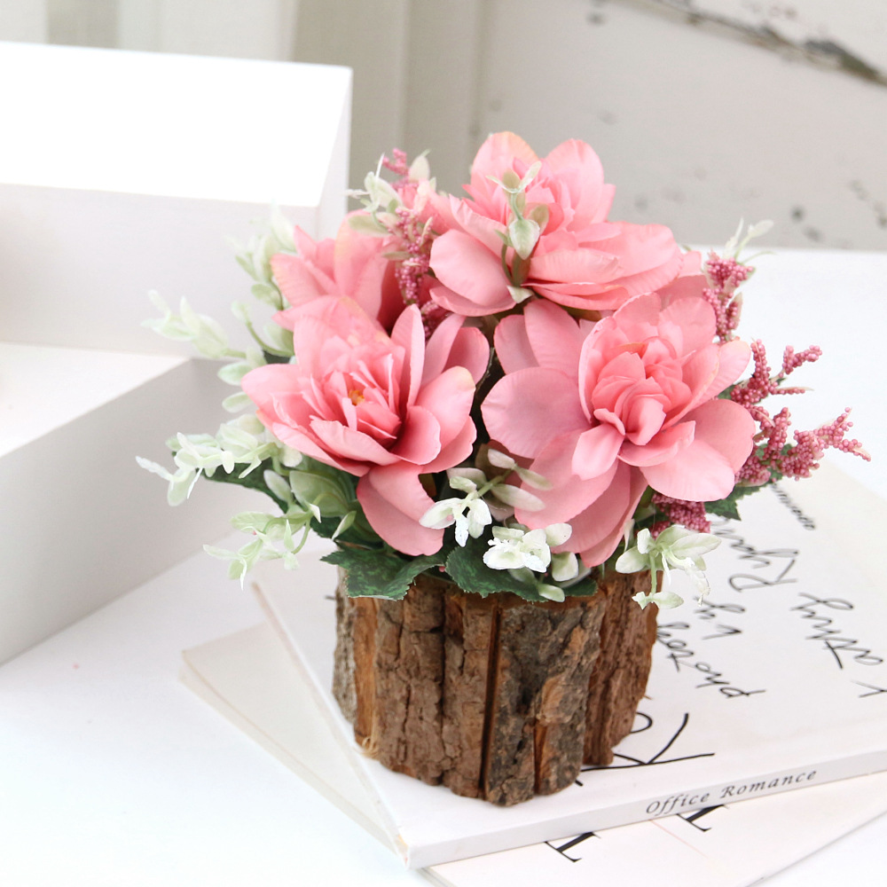 Simulated Dendrobium floral  bonsai set, wooden stump flowerpot Pink