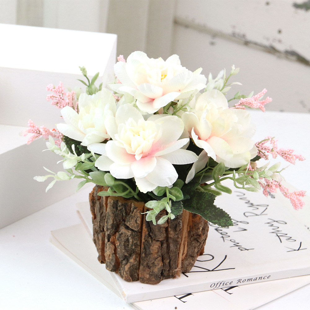 Simulated Dendrobium floral  bonsai set, wooden stump flowerpot White-pink