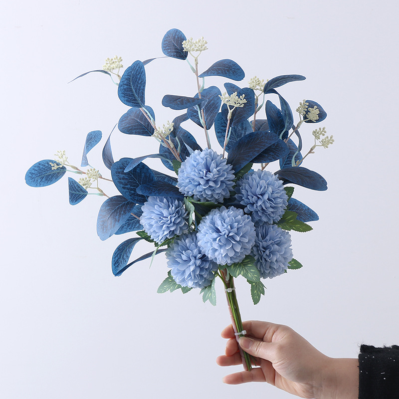 Simulated eucalyptus leaf ball chrysanthemum bouquet flower arrangement fake flower ornaments Color:Dark Blue