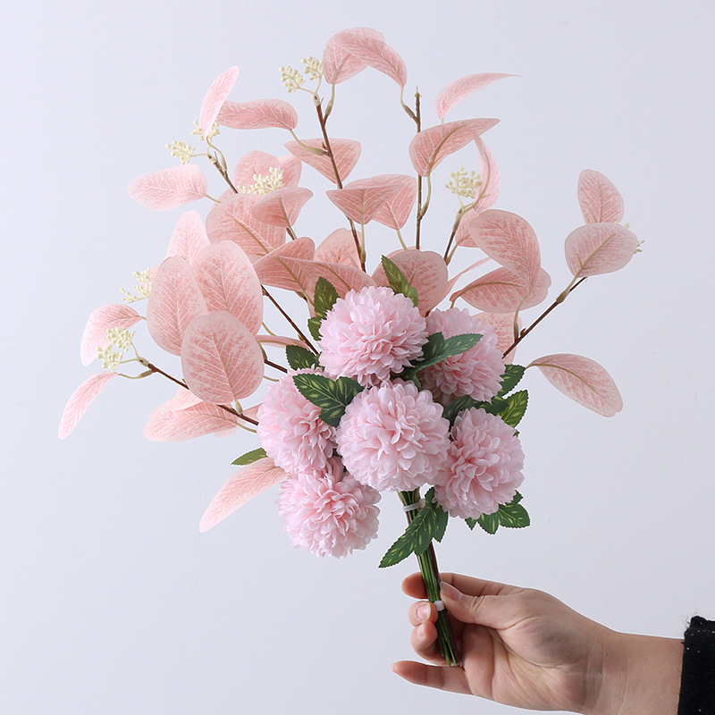 Simulated eucalyptus leaf ball chrysanthemum bouquet flower arrangement fake flower ornaments Color:Pink