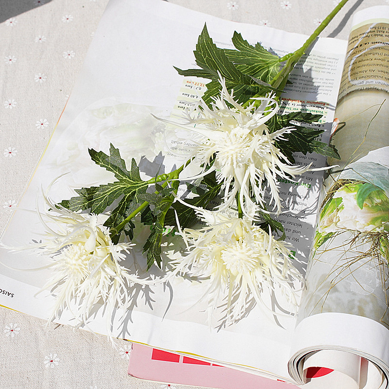 Nordic style 3-head Eryngium artificial flowers, artificial flowers Milky White