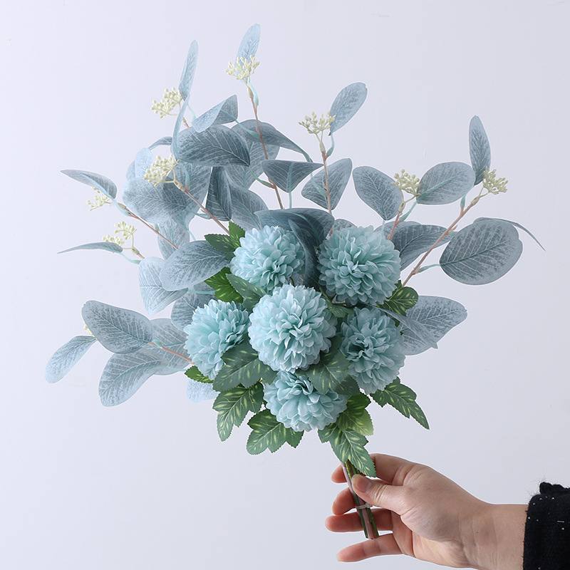 Simulated eucalyptus leaf ball chrysanthemum bouquet flower arrangement fake flower ornaments Color:Light Blue