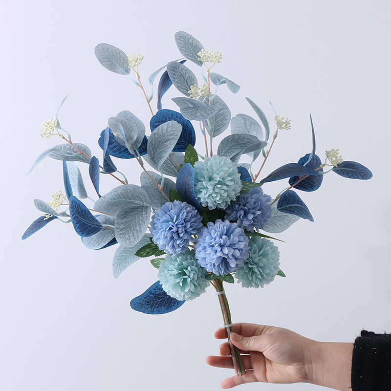 Simulated eucalyptus leaf ball chrysanthemum bouquet flower arrangement fake flower ornaments Color:Dark Blue & Light Blue