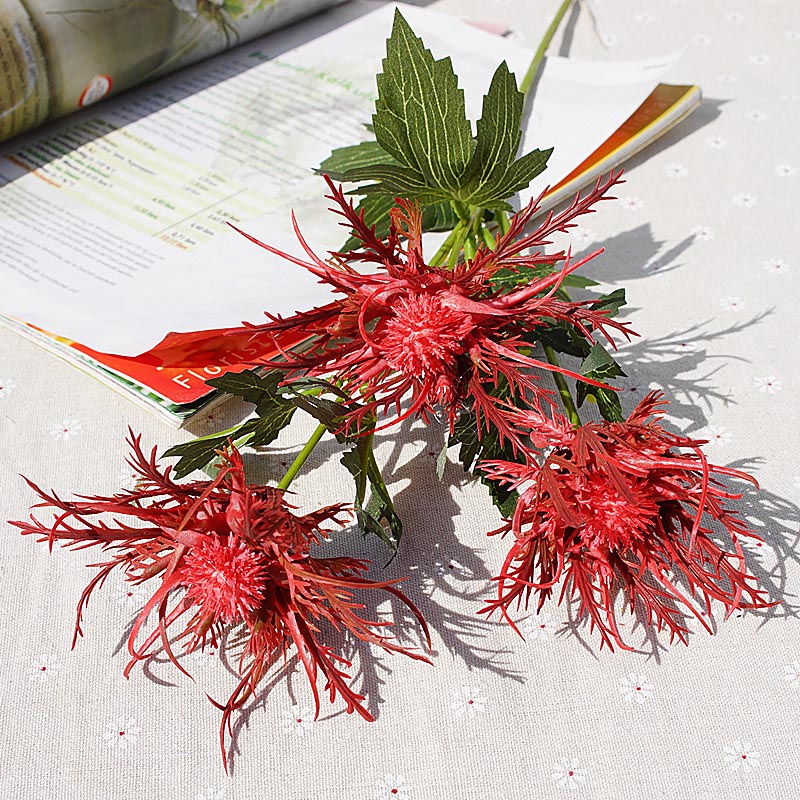 Nordic style 3-head Eryngium artificial flowers, artificial flowers Color:Red