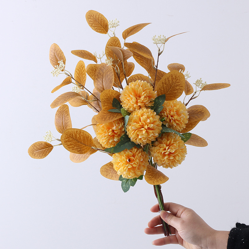 Simulated eucalyptus leaf ball chrysanthemum bouquet flower arrangement fake flower ornaments Color:Yellow