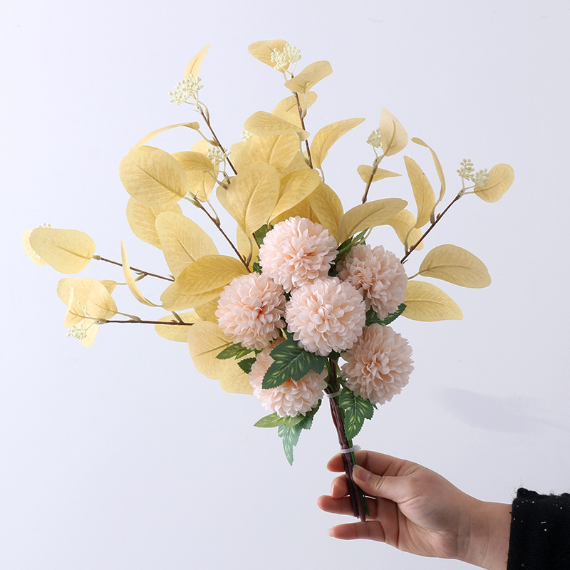 Simulated eucalyptus leaf ball chrysanthemum bouquet flower arrangement fake flower ornaments Color:Champagne