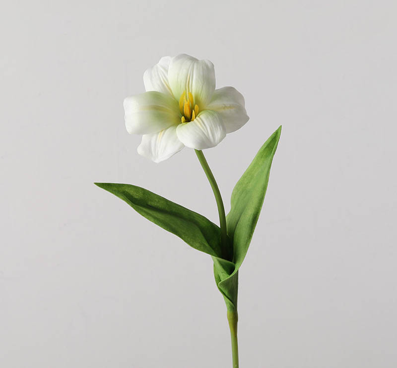 artificial tulips with flip-petal , PU hand-feel large flowers with leaves WHite Green