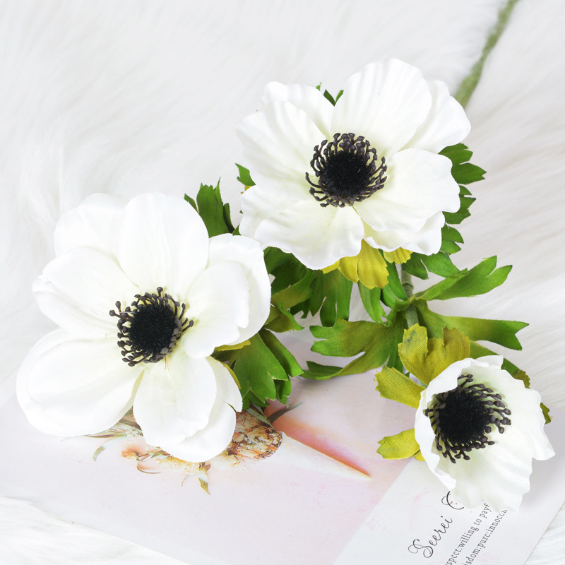 3-head anemone flower, silk flower arrangement for  fake flower White