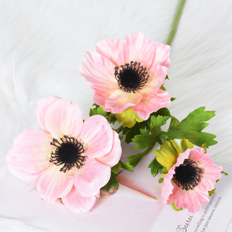 3-head anemone flower, silk flower arrangement for  fake flower Pink