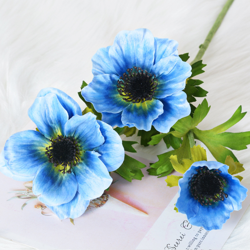 3-head anemone flower, silk flower arrangement for  fake flower Color:Blue