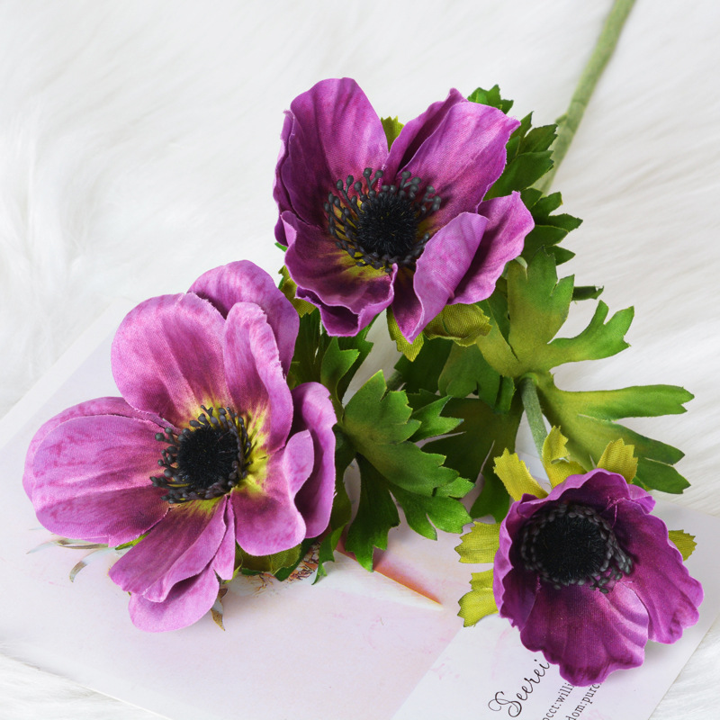 3-head anemone flower, silk flower arrangement for  fake flower Color:Purple