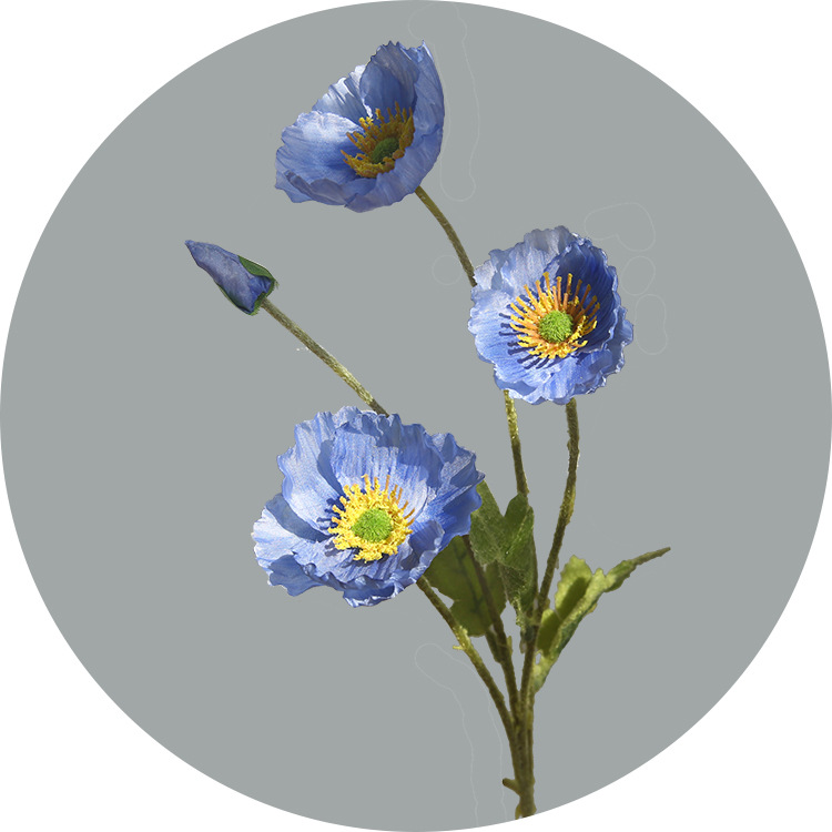 Artificial four-headed corn poppies flocked artificial corn poppies Blue