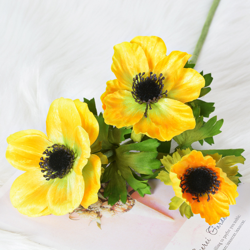 3-head anemone flower, silk flower arrangement for  fake flower Yellow