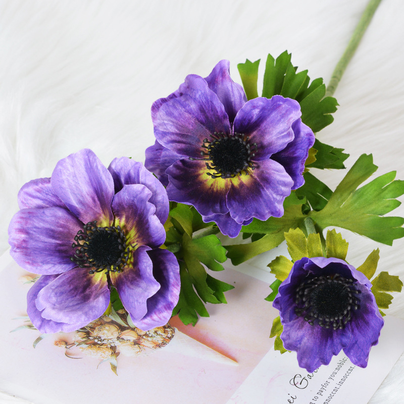 3-head anemone flower, silk flower arrangement for  fake flower Color:Darkorchid