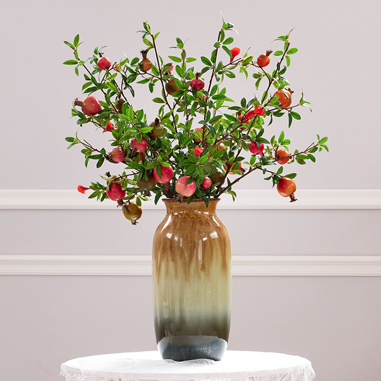 Artificial pomegranate berry branches with 3 flowers and leaves