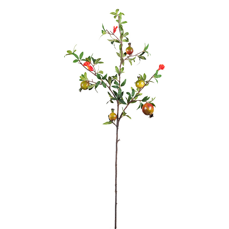 Artificial pomegranate berry branches with 3 flowers and leaves Red-Green