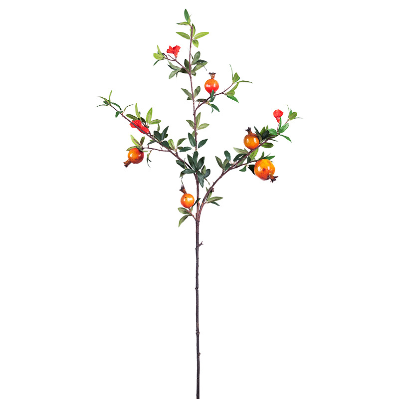 Artificial pomegranate berry branches with 3 flowers and leaves Orange