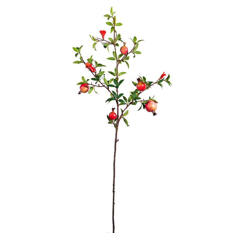 Artificial pomegranate berry branches with 3 flowers and leaves Red