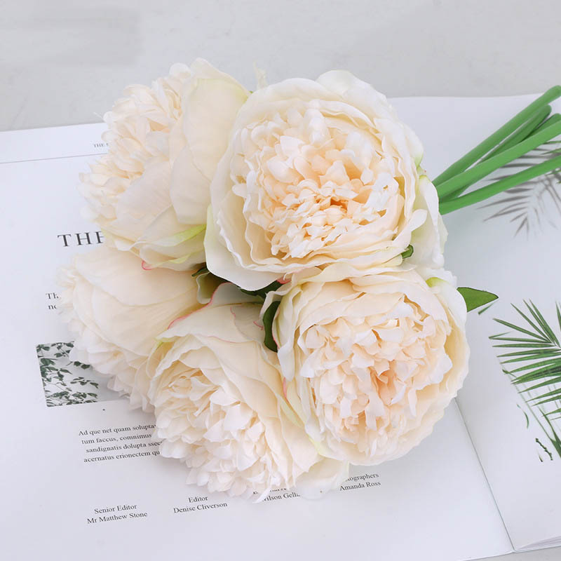 5-Head Royal Peonies Artificial Flowers ation European Fake Flowers  Ornaments Color:Milky White