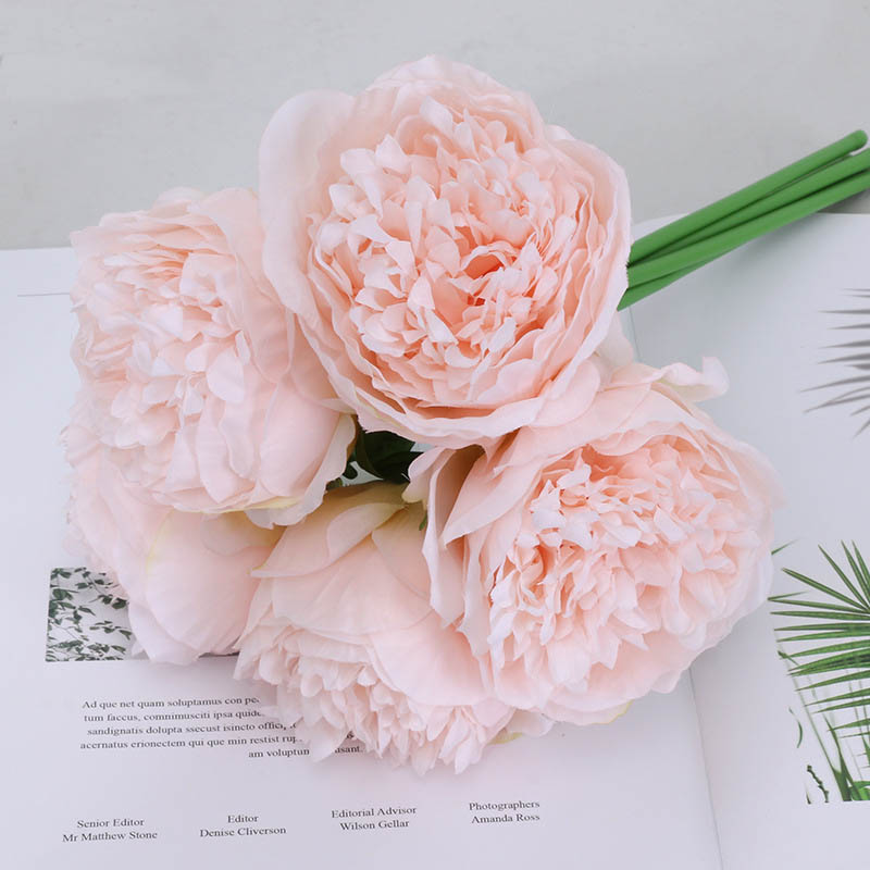 5-Head Royal Peonies Artificial Flowers ation European Fake Flowers  Ornaments Light Pink