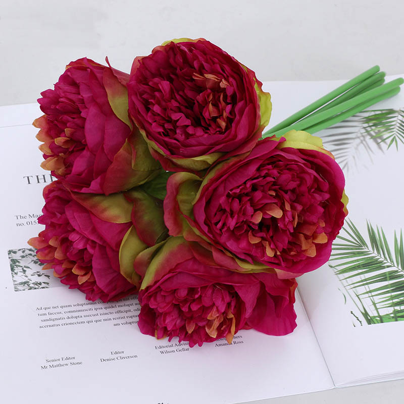 5-Head Royal Peonies Artificial Flowers ation European Fake Flowers  Ornaments Color:Red