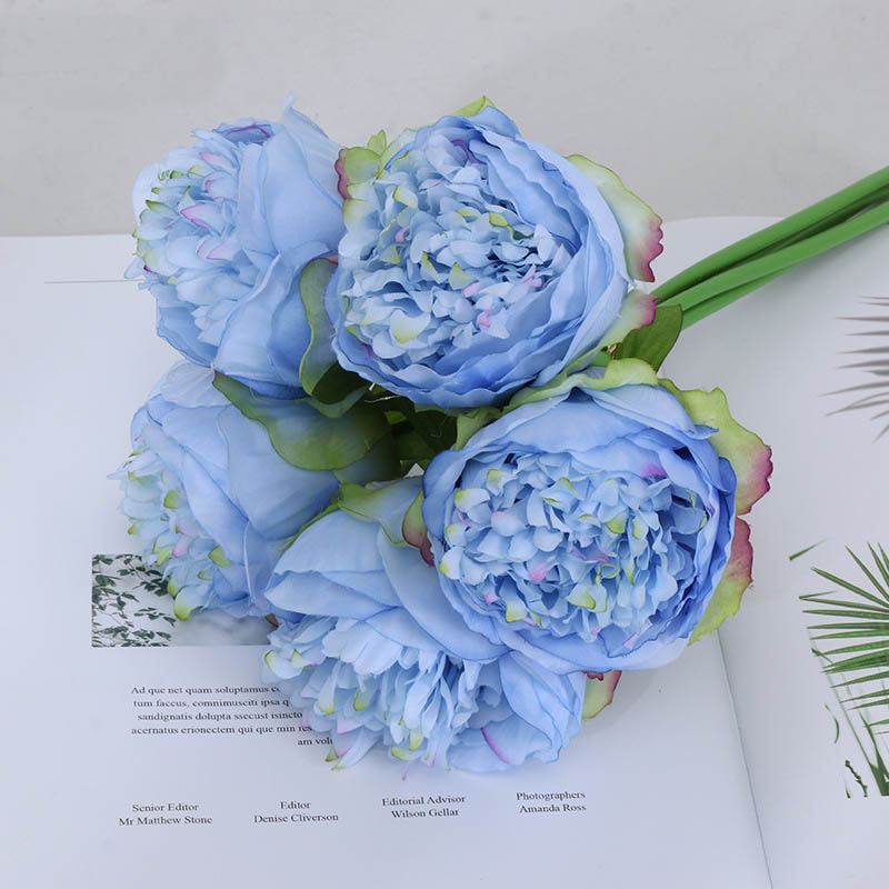 5-Head Royal Peonies Artificial Flowers ation European Fake Flowers  Ornaments Blue