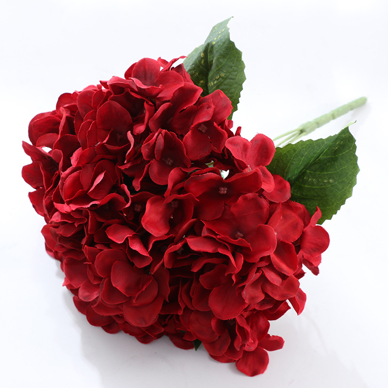 5-head hydrangea silk flower ation  fake flowers 5-pronged artificial hydrangea flower arrangement Color:Red