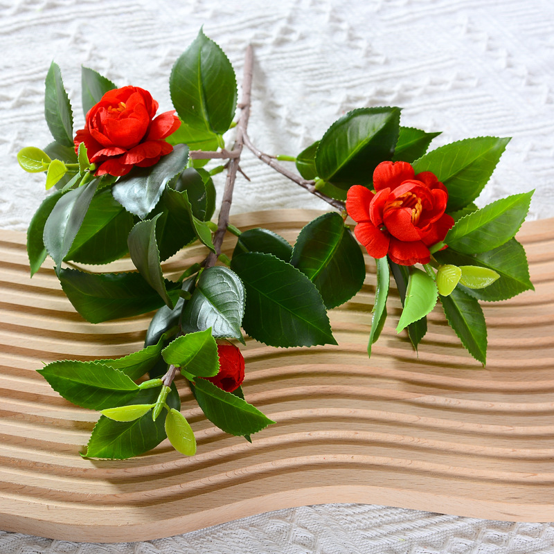 Single camellia rose artificial flower, film-like camellia, fresh camellia fake bouquet, living room table  Red