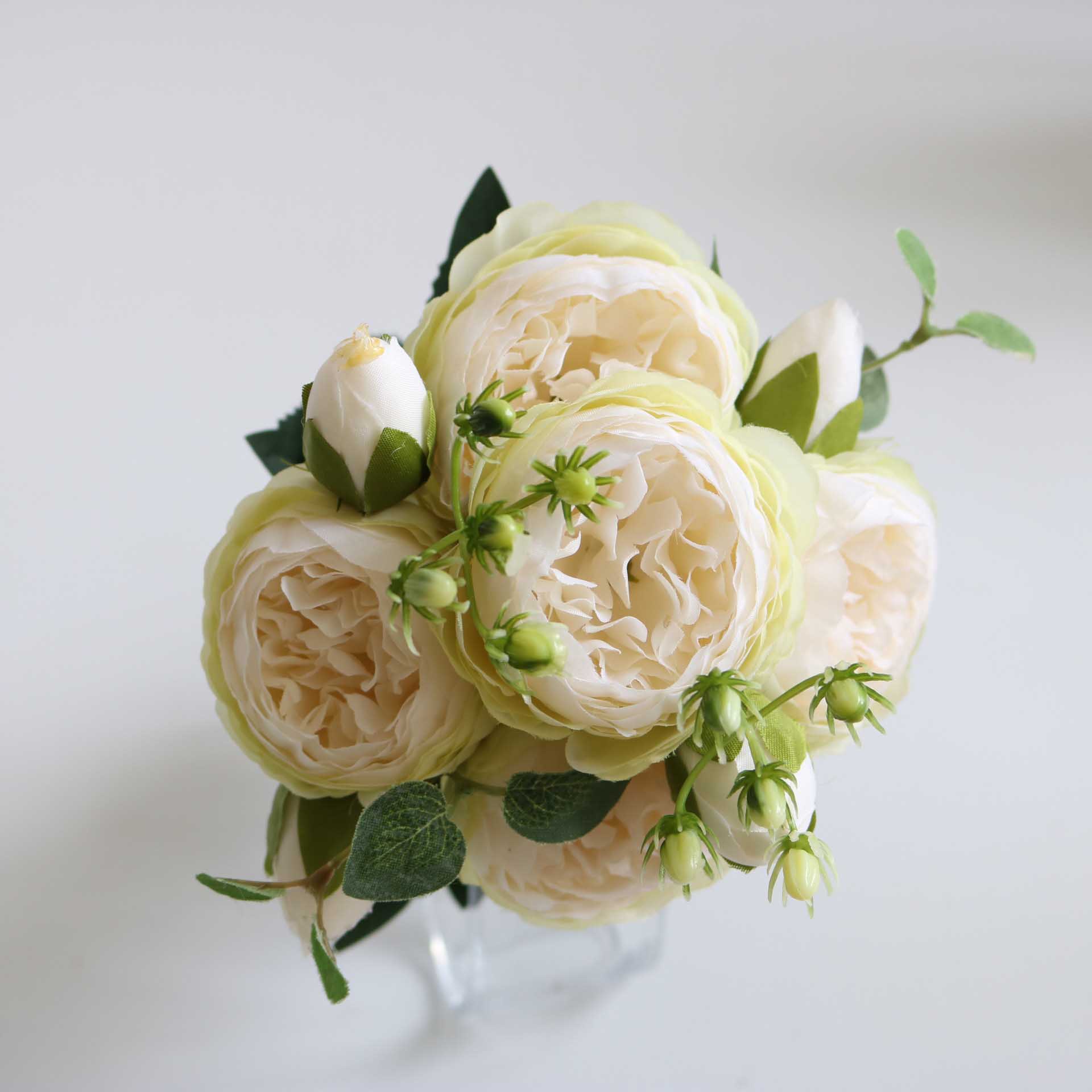 Korean-style Filippos rose artificial flower, 5-head small peony  flower for ation, core-wrapped peony rose artificial flower Green White