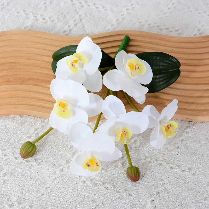 Film-like phalaenopsis artificial flowers with leaves, hand-tied haphalaenopsis artificial flower bouquet, plastic flower arrangement for  White