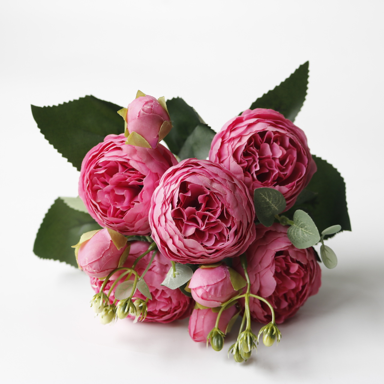 Korean-style Filippos rose artificial flower, 5-head small peony  flower for ation, core-wrapped peony rose artificial flower Color:Fuchsia