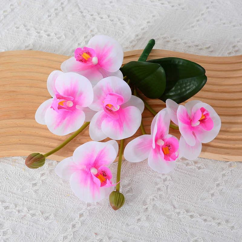 Film-like phalaenopsis artificial flowers with leaves, hand-tied haphalaenopsis artificial flower bouquet, plastic flower arrangement for  Purple White