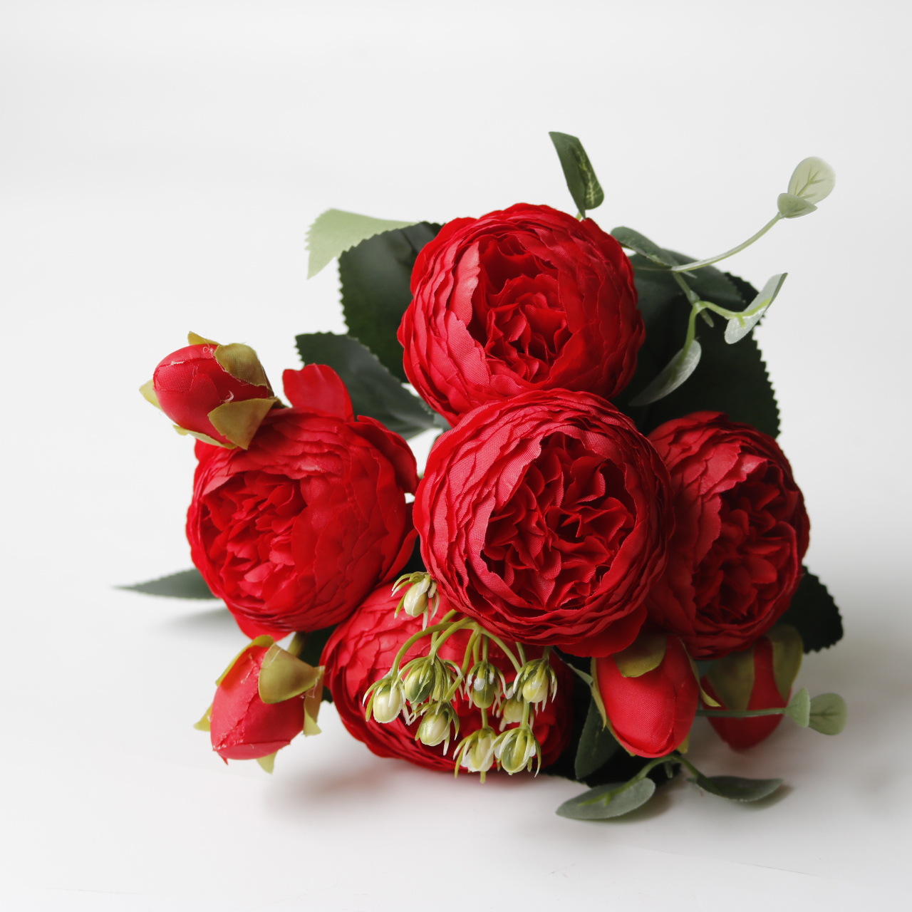 Korean-style Filippos rose artificial flower, 5-head small peony  flower for ation, core-wrapped peony rose artificial flower Color:Red