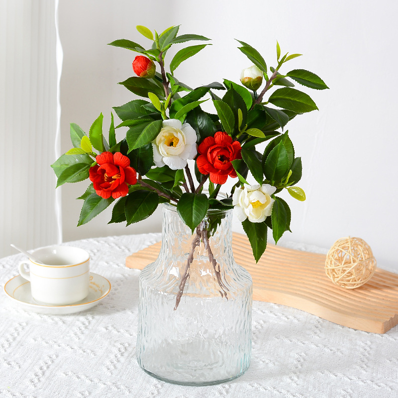 Single camellia rose artificial flower, film-like camellia, fresh camellia fake bouquet, living room table 