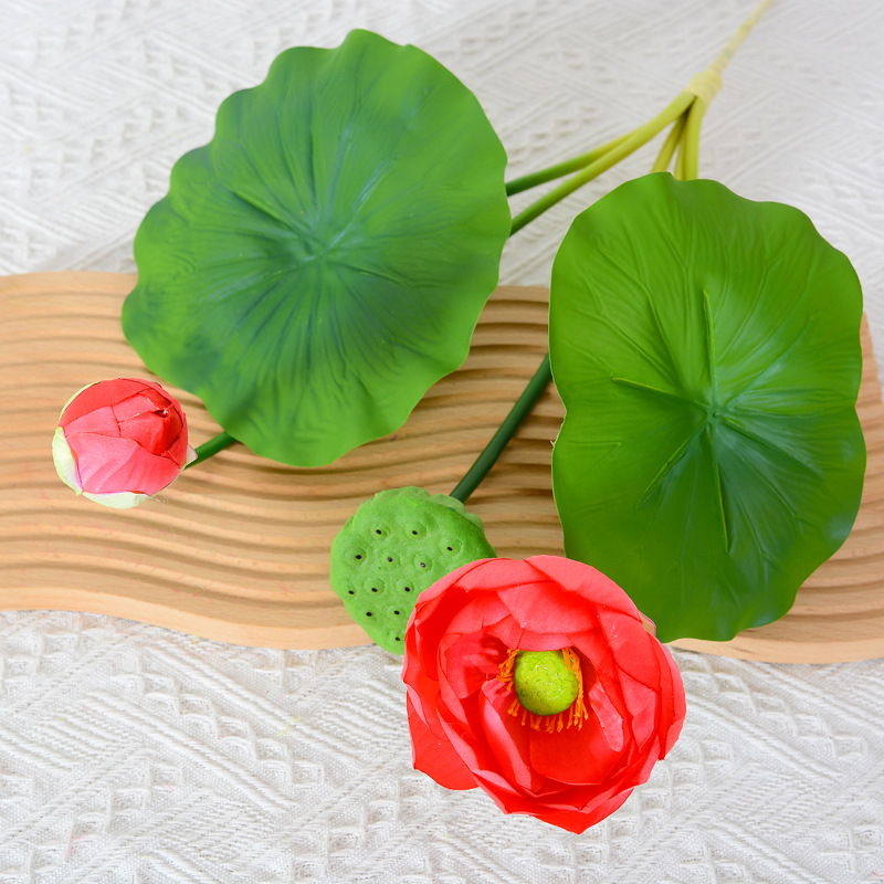 Single simulated lotus for ation, handmade lotus flower arrangement, Chinese lotus leaf fake flower photography props Red