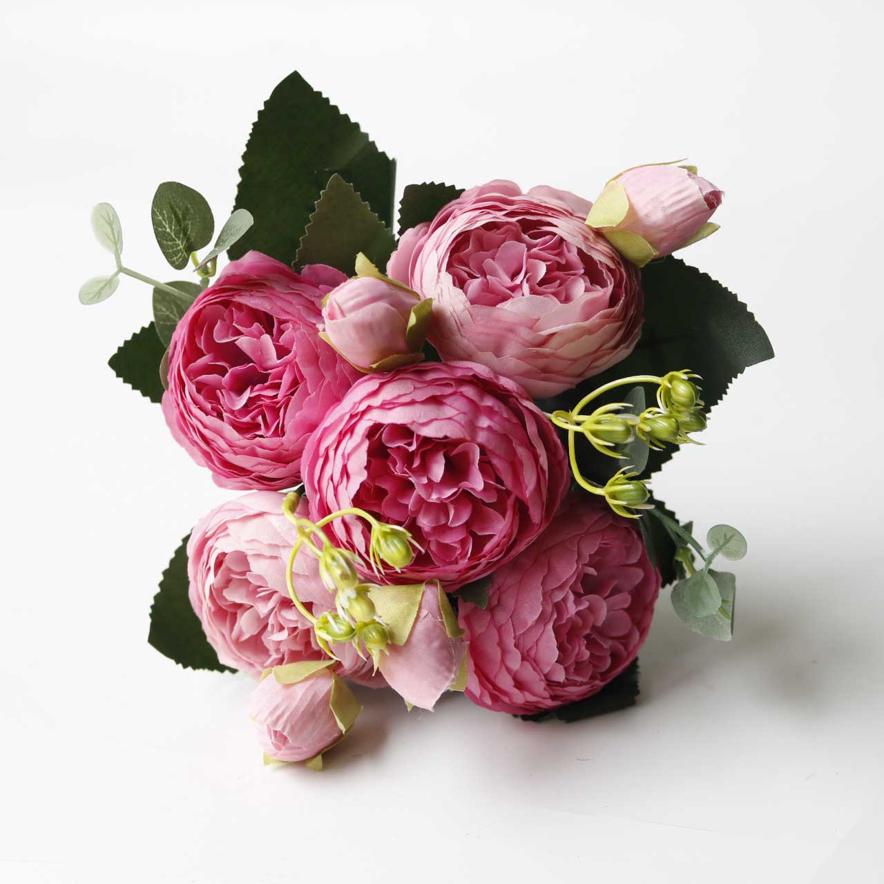 Korean-style Filippos rose artificial flower, 5-head small peony  flower for ation, core-wrapped peony rose artificial flower Color:Double Pink