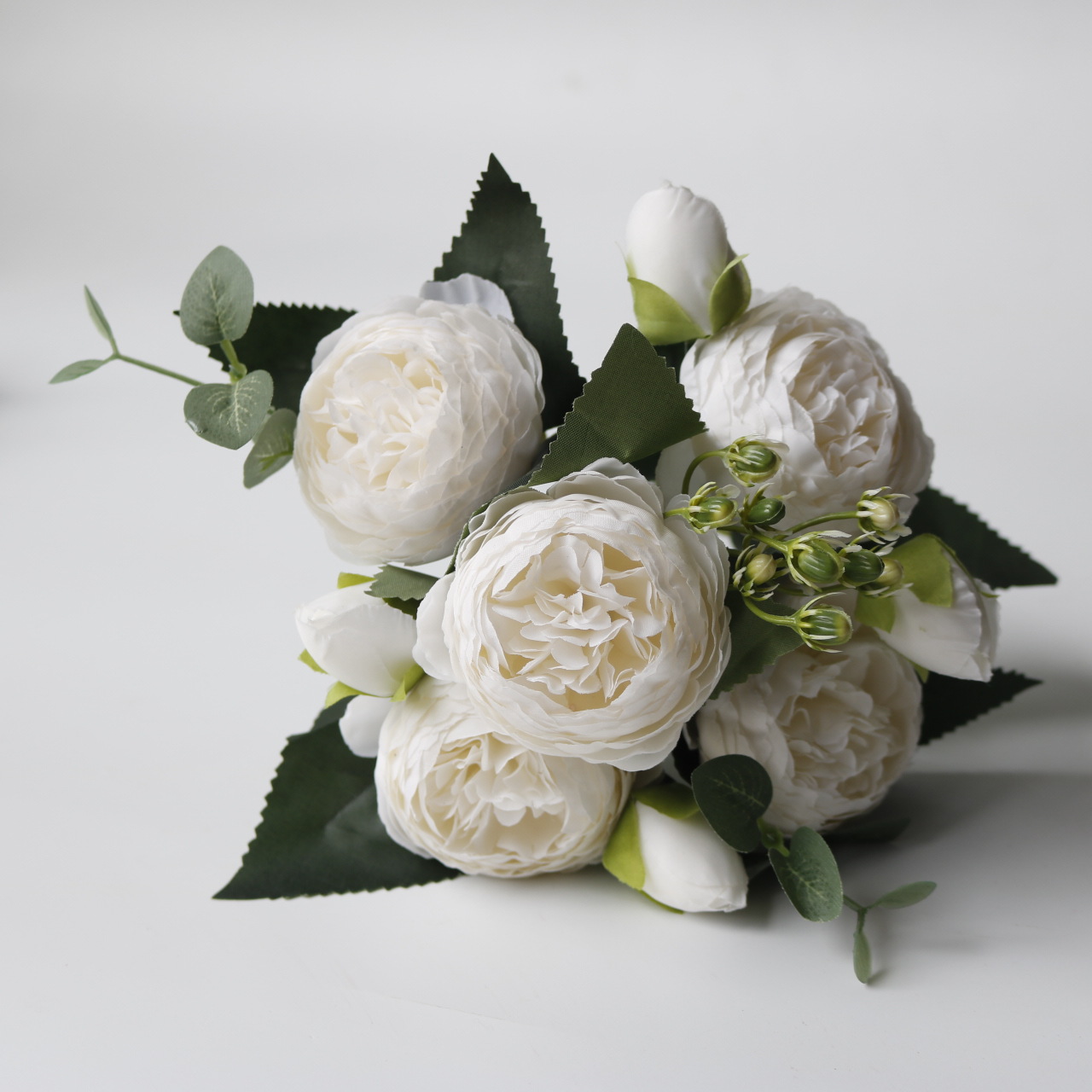 Korean-style Filippos rose artificial flower, 5-head small peony  flower for ation, core-wrapped peony rose artificial flower Color:White