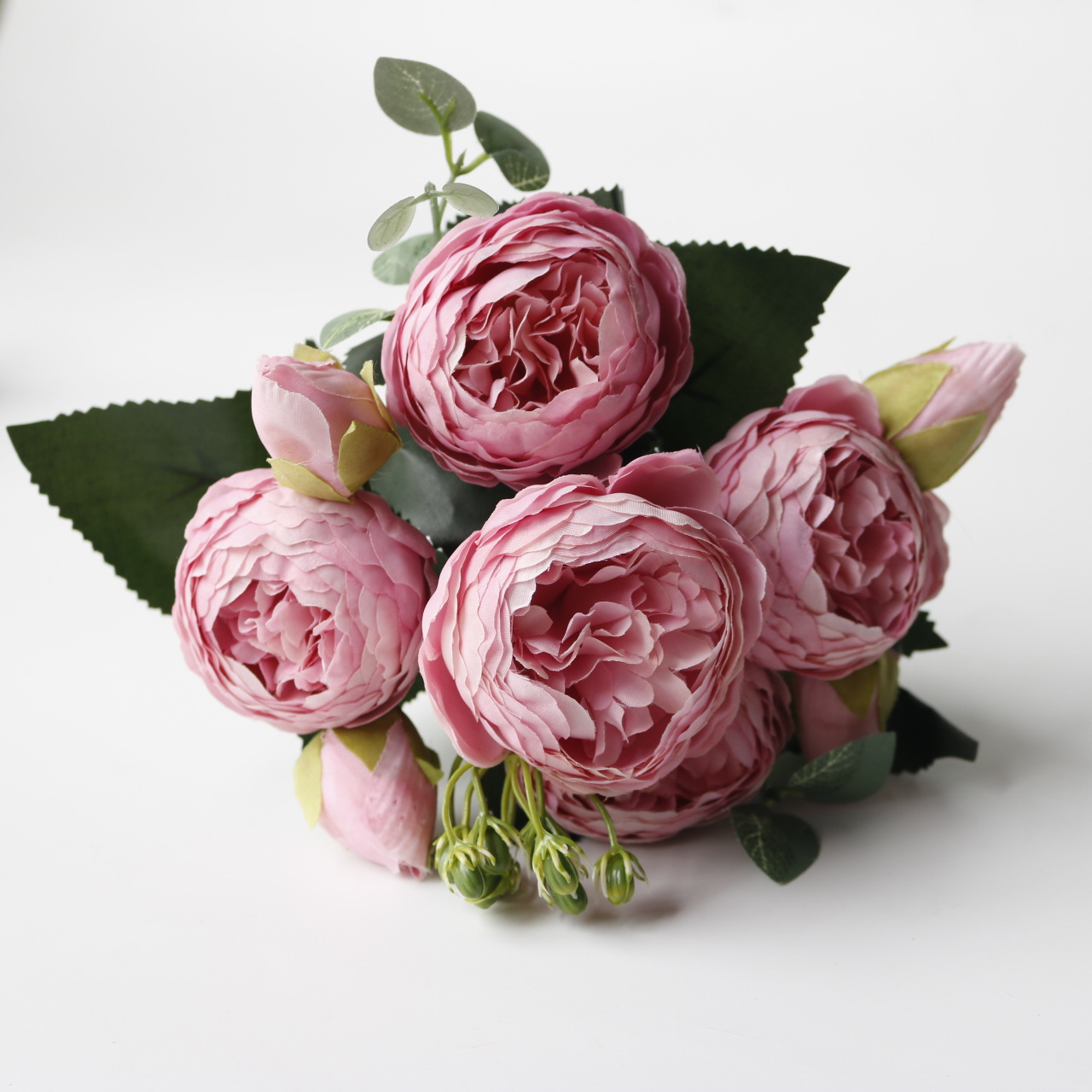 Korean-style Filippos rose artificial flower, 5-head small peony  flower for ation, core-wrapped peony rose artificial flower Color:Pink