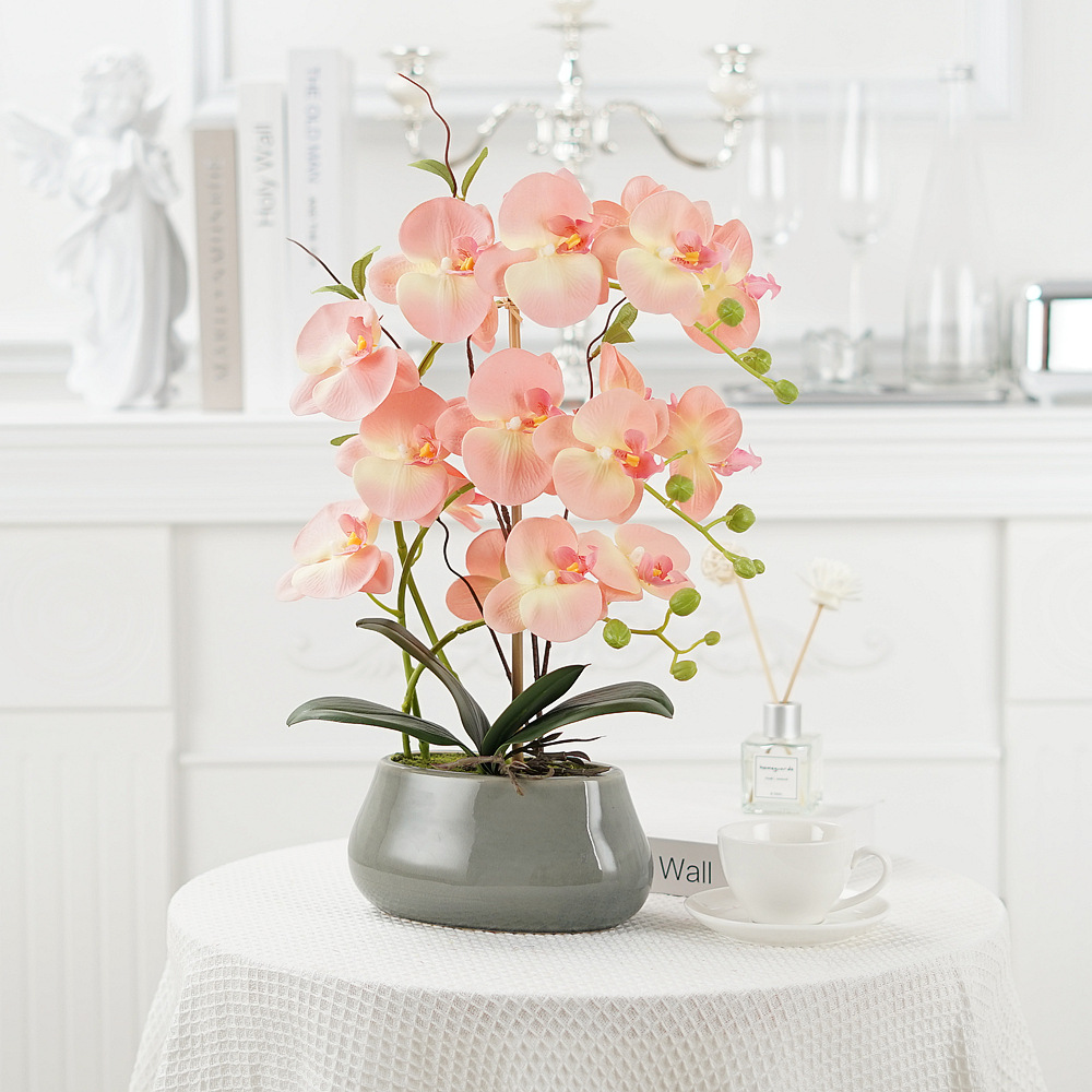 Phalaenopsis artificial flower potted ornaments Phalaenopsis silk flower bonsai Phalaenopsis artificial flowers living room coffe table  Color:Light Pink