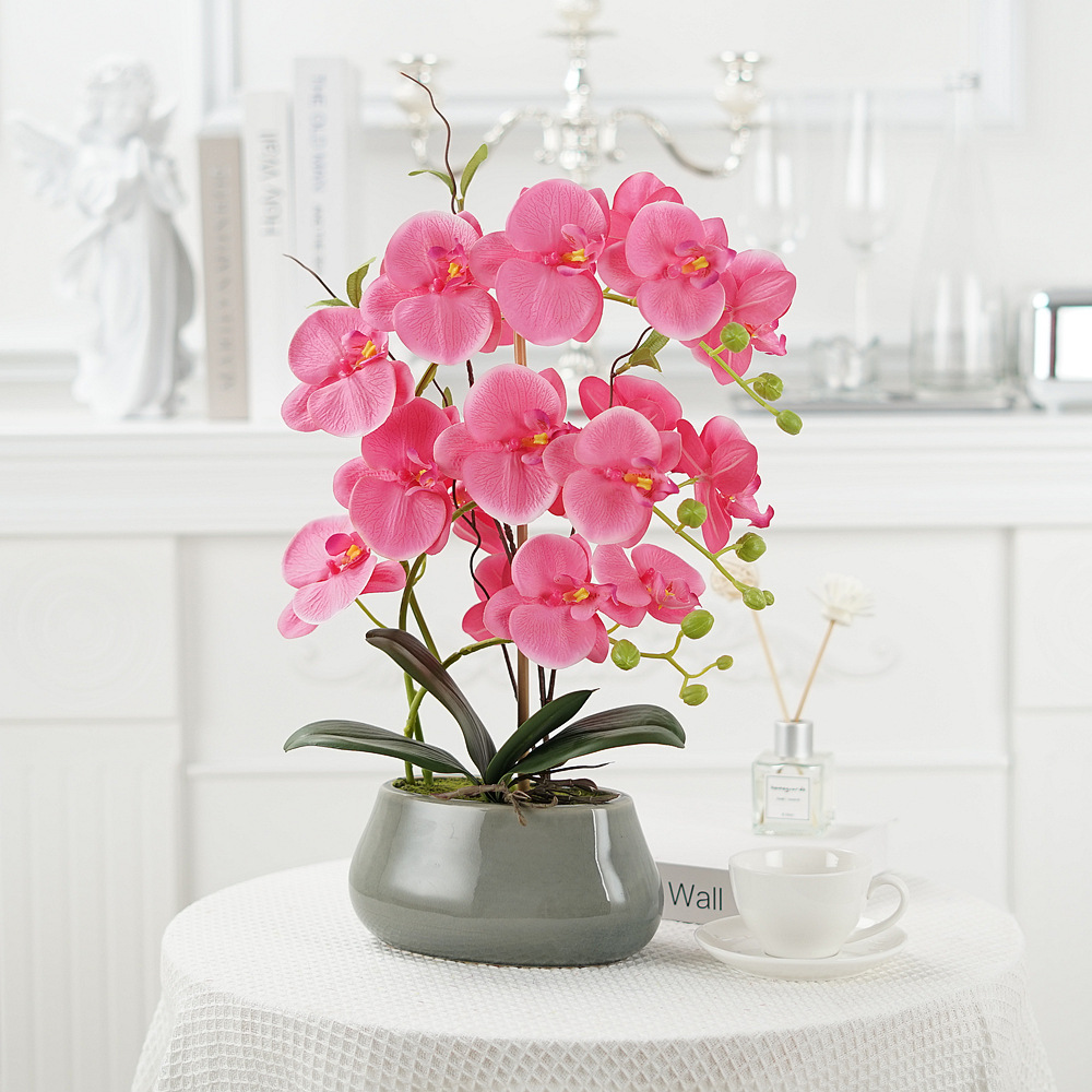 Phalaenopsis artificial flower potted ornaments Phalaenopsis silk flower bonsai Phalaenopsis artificial flowers living room coffe table  Color:Fuchsia