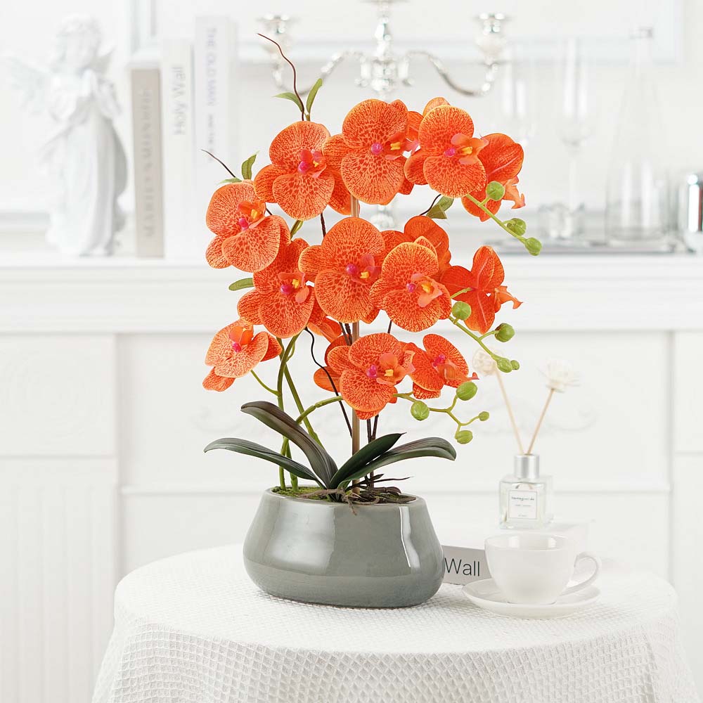 Phalaenopsis artificial flower potted ornaments Phalaenopsis silk flower bonsai Phalaenopsis artificial flowers living room coffe table  Tangerine