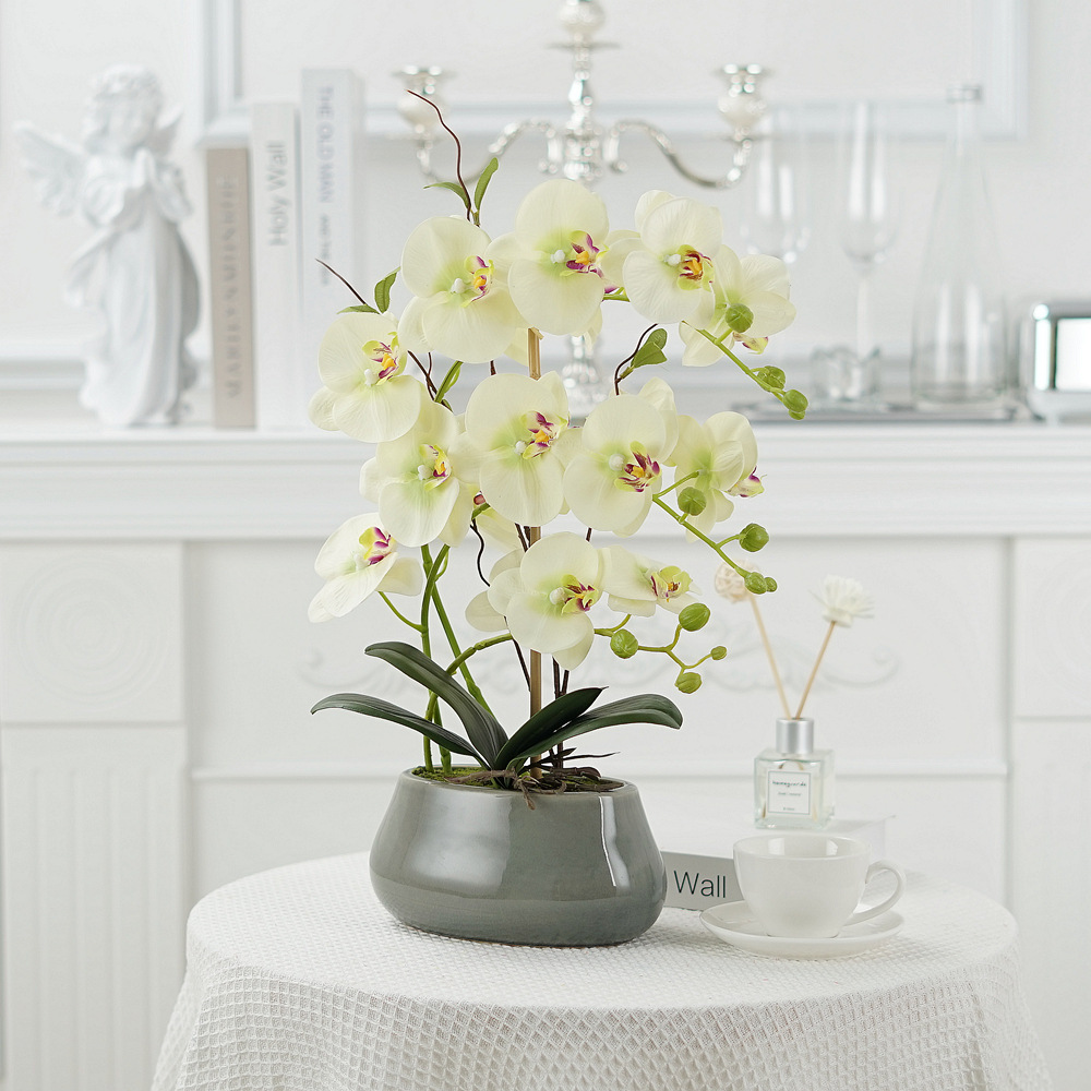 Phalaenopsis artificial flower potted ornaments Phalaenopsis silk flower bonsai Phalaenopsis artificial flowers living room coffe table  Color:Light Green