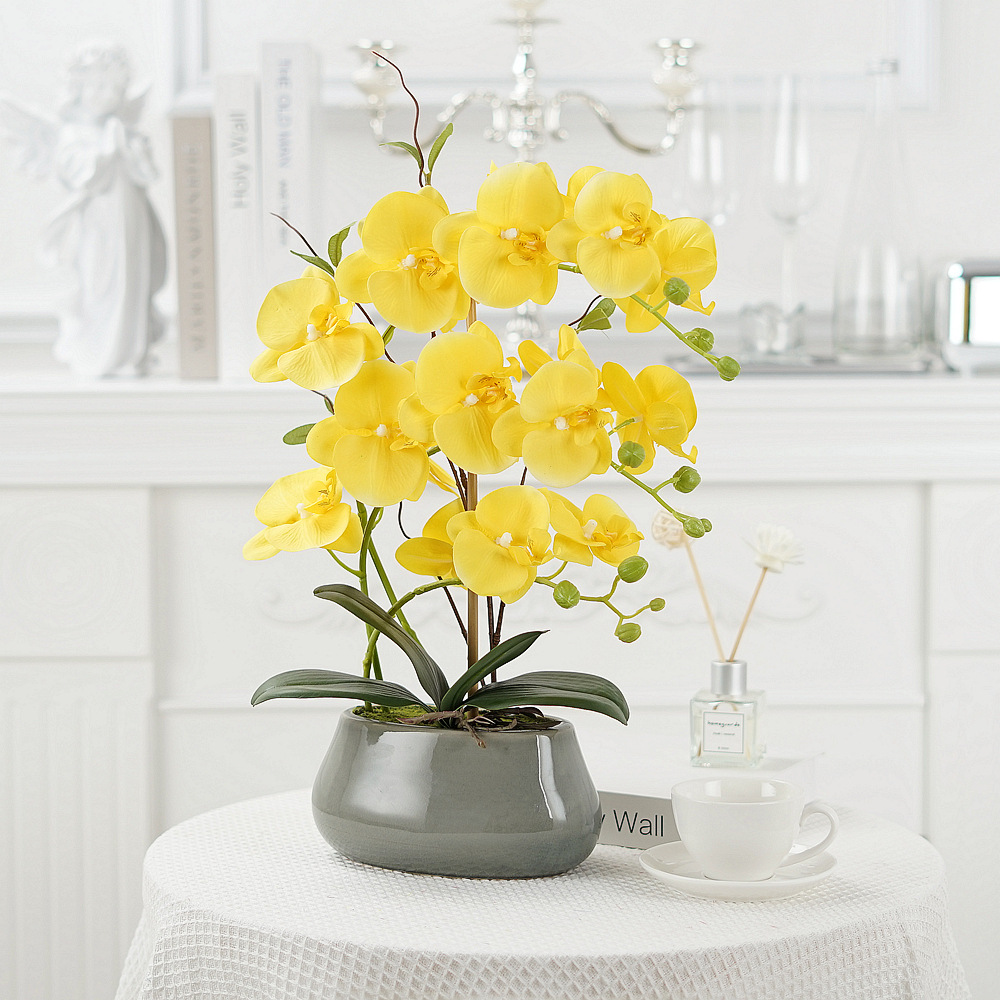 Phalaenopsis artificial flower potted ornaments Phalaenopsis silk flower bonsai Phalaenopsis artificial flowers living room coffe table  Color:Yellow