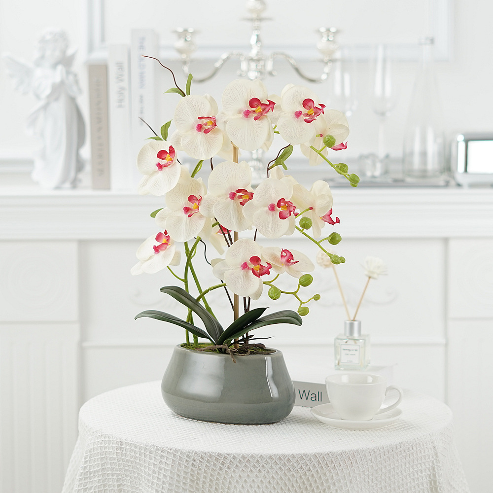 Phalaenopsis artificial flower potted ornaments Phalaenopsis silk flower bonsai Phalaenopsis artificial flowers living room coffe table  Color:White-Red