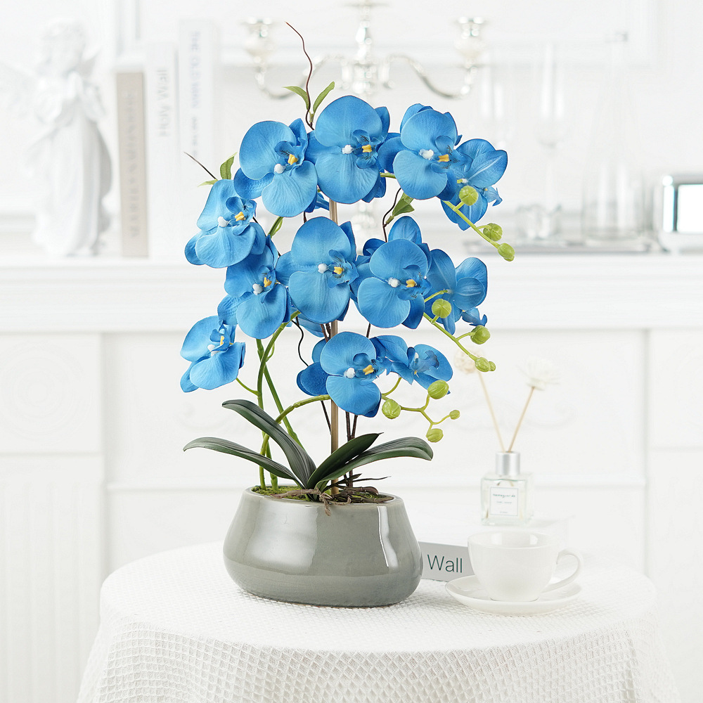 Phalaenopsis artificial flower potted ornaments Phalaenopsis silk flower bonsai Phalaenopsis artificial flowers living room coffe table  Color:Blue